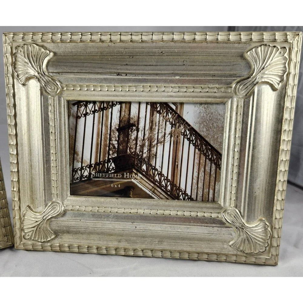 2 Sheffield Home 4x6 Picture Frames Ornate Silver Tone Hanging or Free Standing